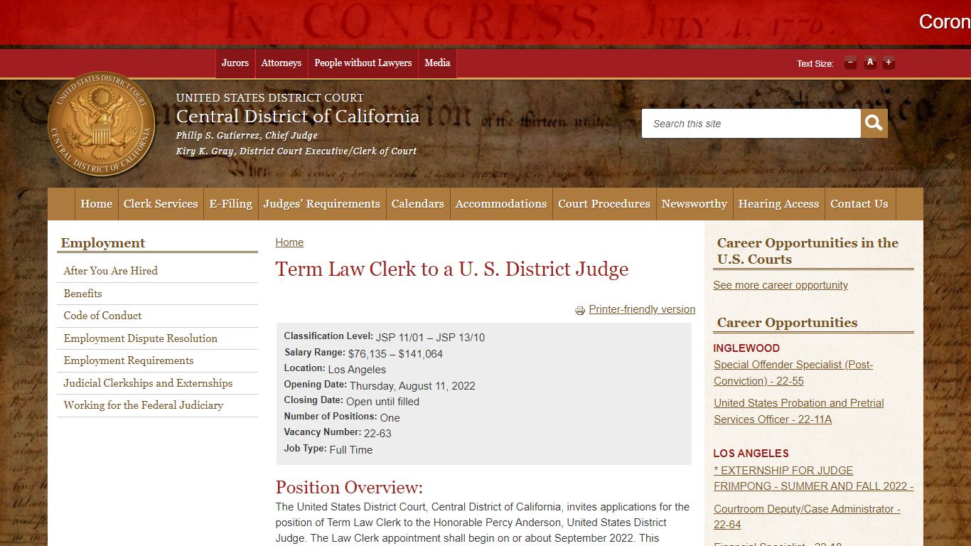 Term Law Clerk to a U. S. District Judge | Central District of ...